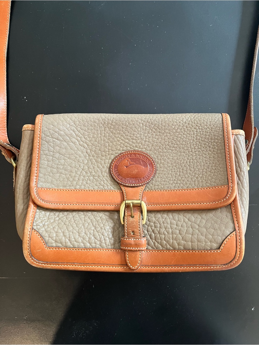 Vintage Dooney & Bourke Taupe Pebble Leather Crossbody with Tan Trim